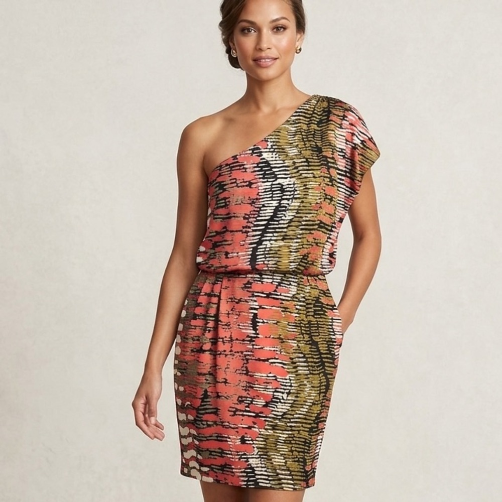 Jessica Simpson One-Shoulder Coral and Olive Print Dress - size 6
